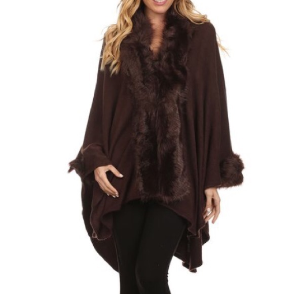 Fur Trim Batwing Sweater Coat/Poncho (B-3) - Picture 2 of 8